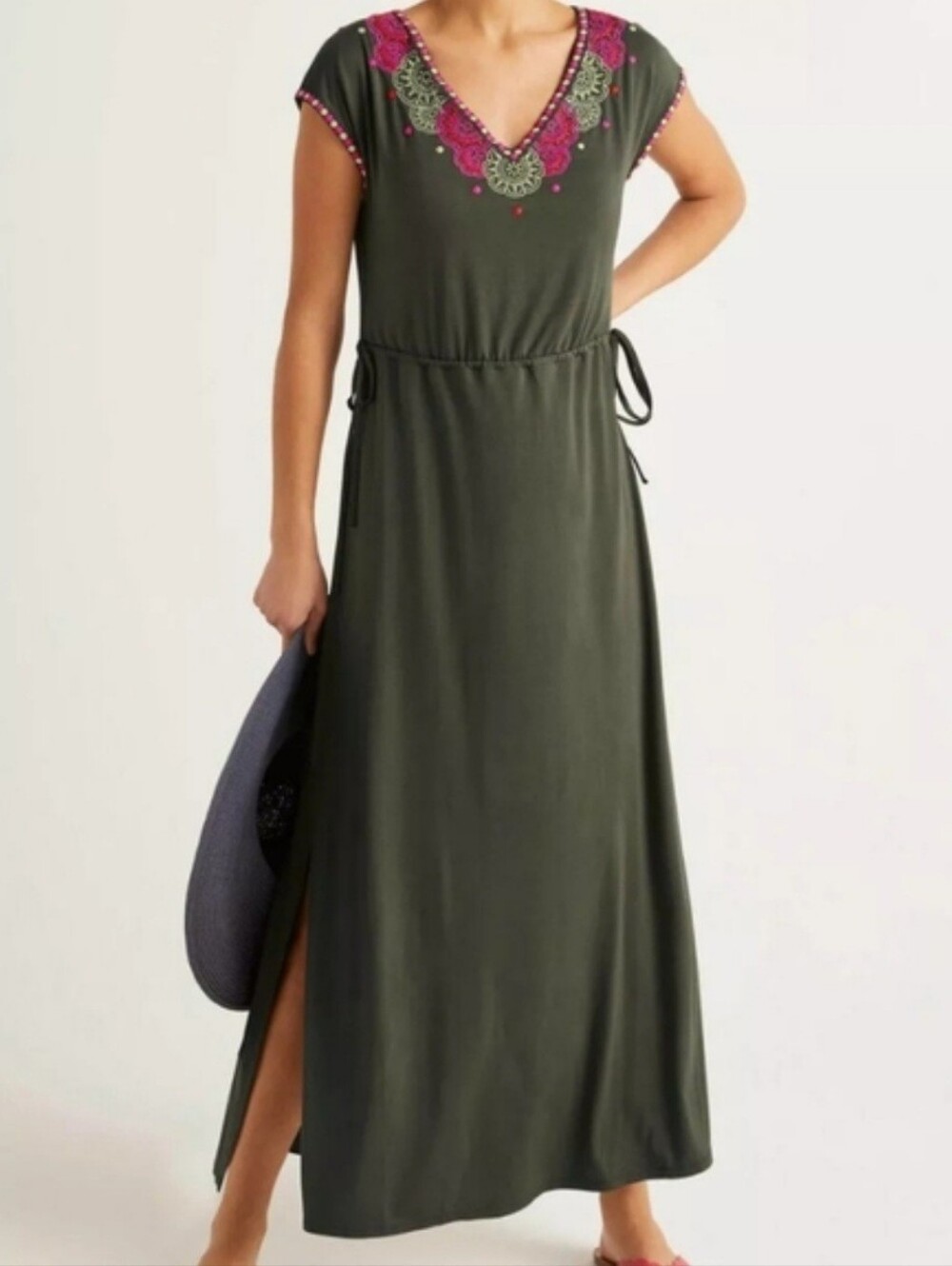 Boden Marcia Maxi Dress Olive Green Embroidered Boho Size 10P Petite
